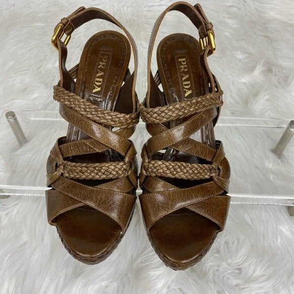 Prada Women's Brown Designer Braided Leather Strappy Luxury Heels IT 37.5 / US 7